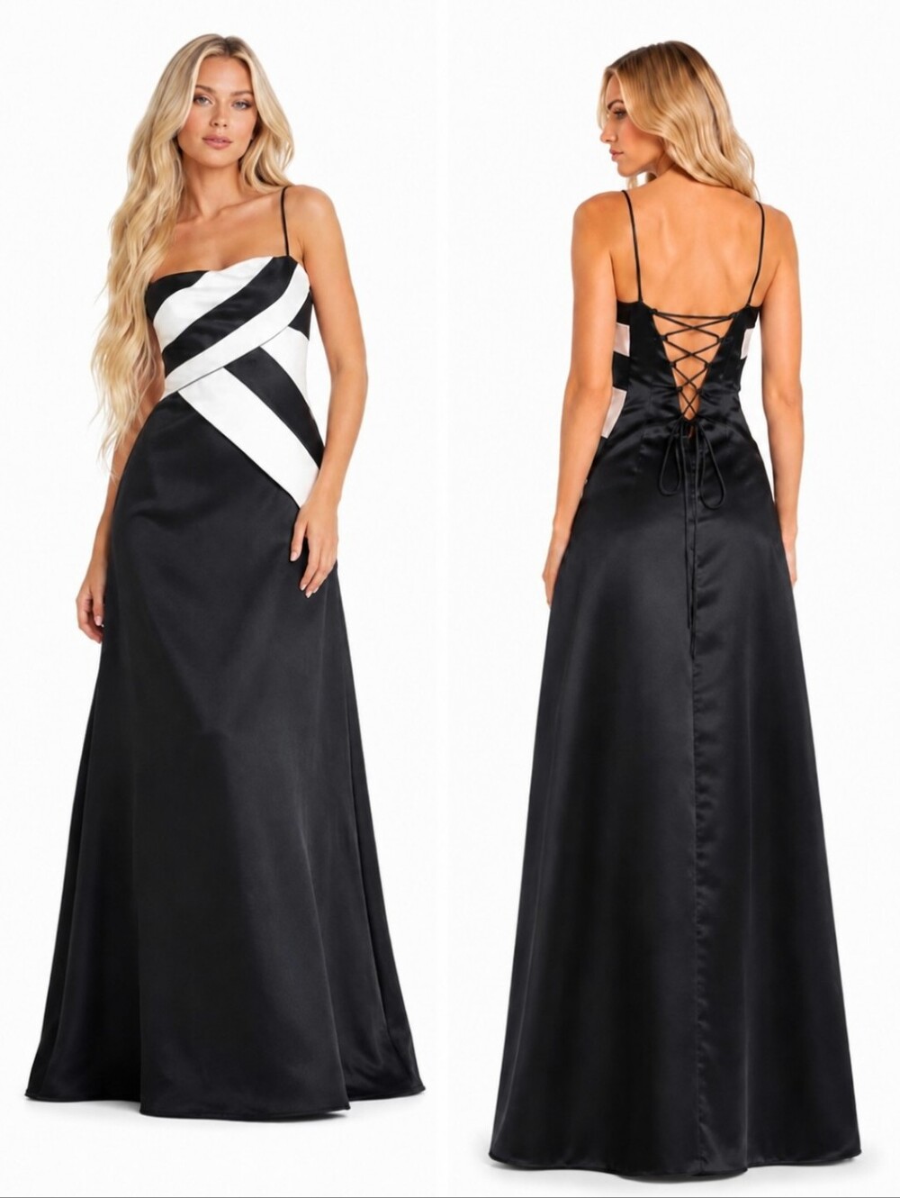 Cache Y2K Black/White Satin Corset Lace Up Back Tulle Lined Long Gown Sz 4